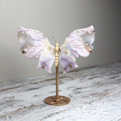 Pink Lavender Flower Agate Butterfly Wings on Stand | Growth, Softness & Emotional Renewal