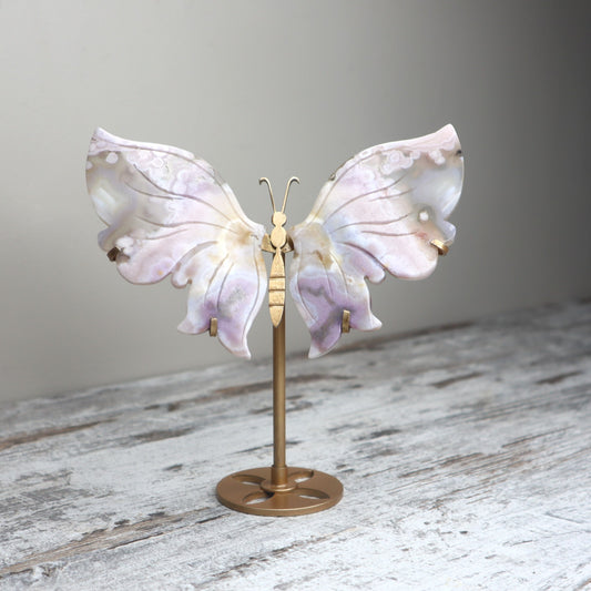 Pink Lavender Flower Agate Butterfly Wings on Stand | Growth, Softness & Emotional Renewal