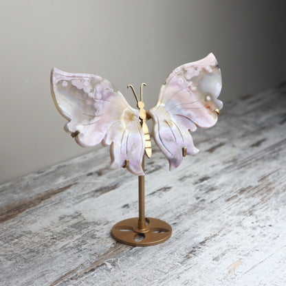 Pink Lavender Flower Agate Butterfly Wings on Stand | Growth, Softness & Emotional Renewal