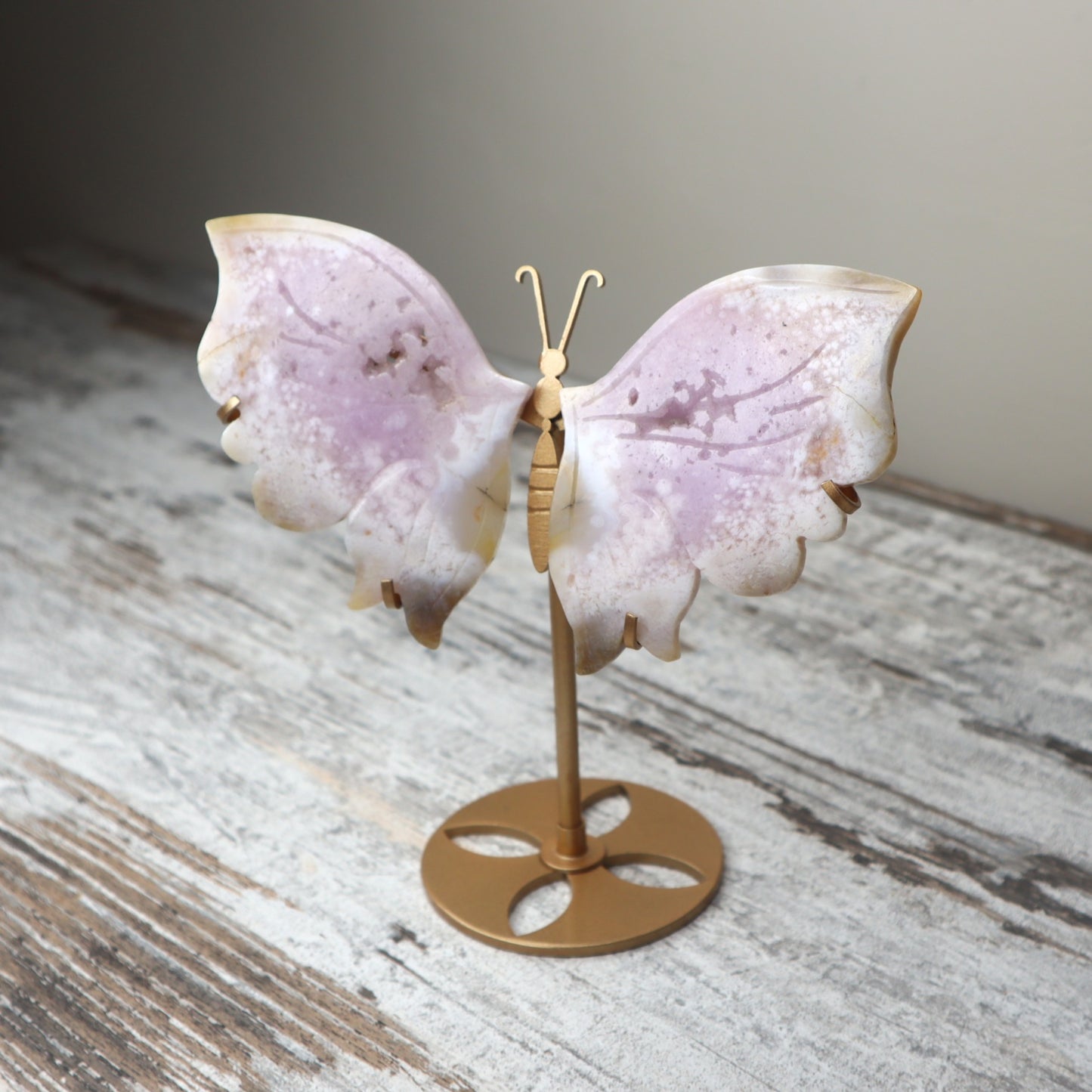 Pink Flower Agate Butterfly Wings on Stand | Growth, Heart Healing & New Beginnings